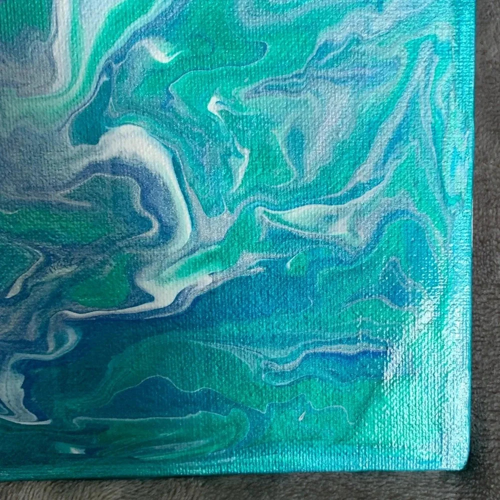 Teal, Blue, White and Green Paint Pour - 8”x8” canvas board - Picture 6 of 8